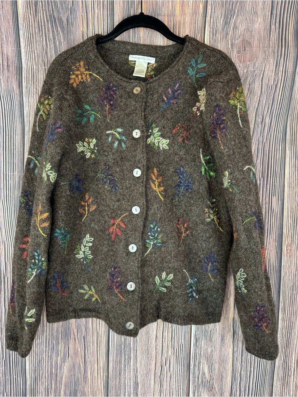 Cambridge Dry Goods Brown Floral Needlepoint Cardigan
